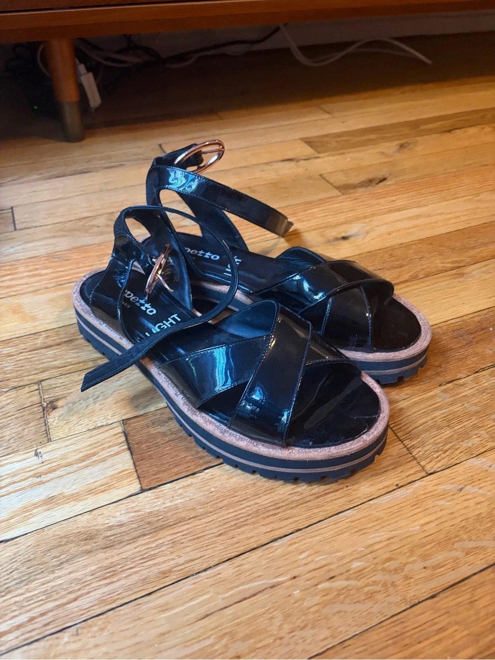 Repetto Black Patent Ankle-Strap Platform Sandal with Rose-Gold Buckle